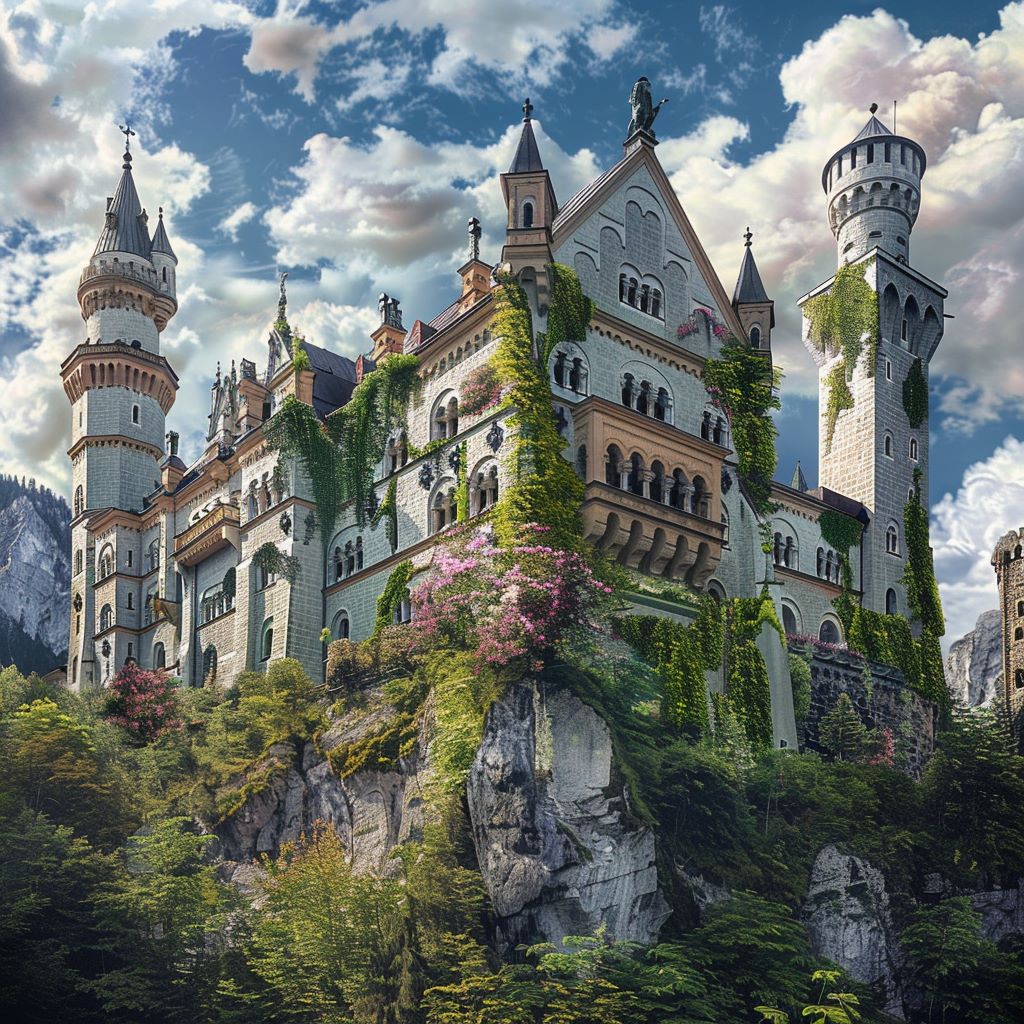 Schloss Neuschwanstein mit vielen Pflanzen