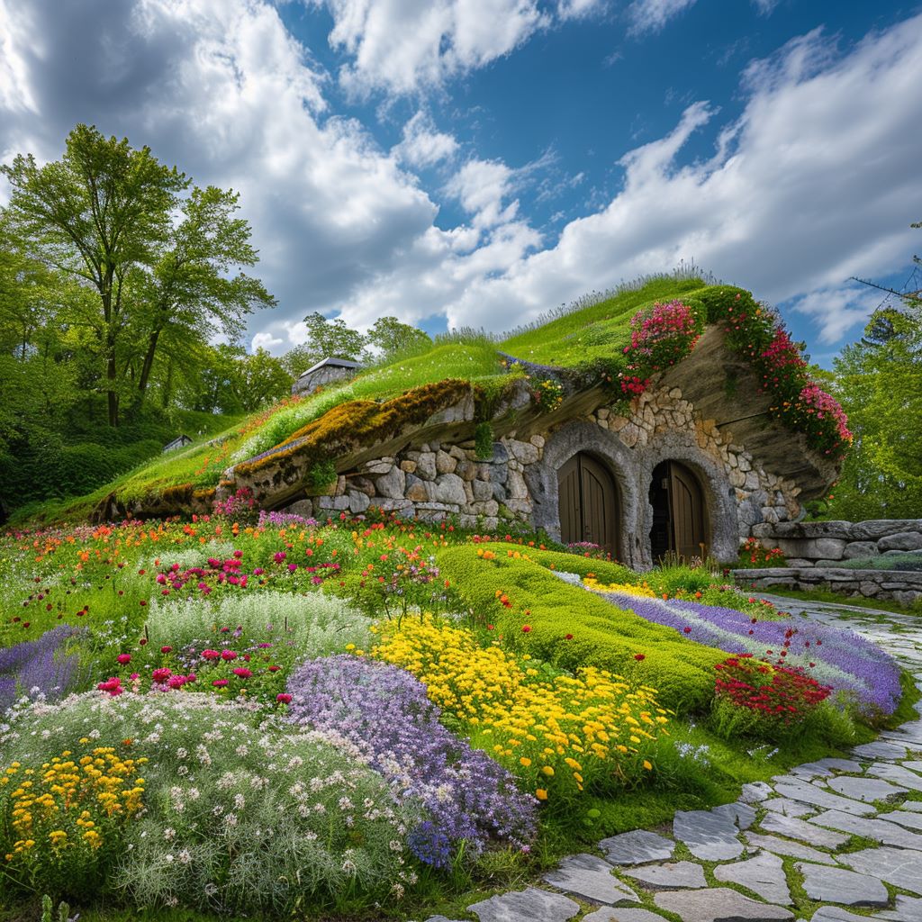 Ein Erdhaus mit vielen Blumen