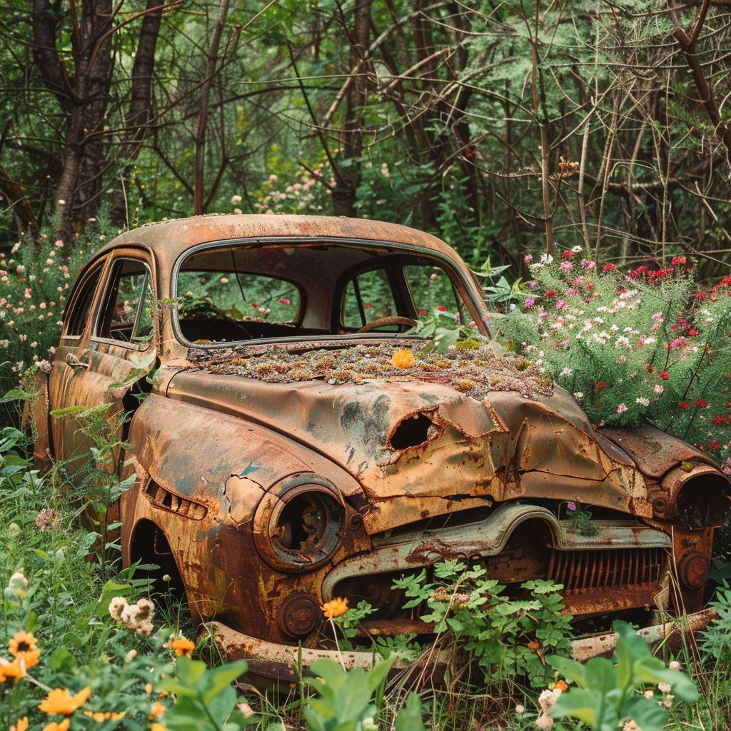 Ein verrostetes US-Auto im Wald